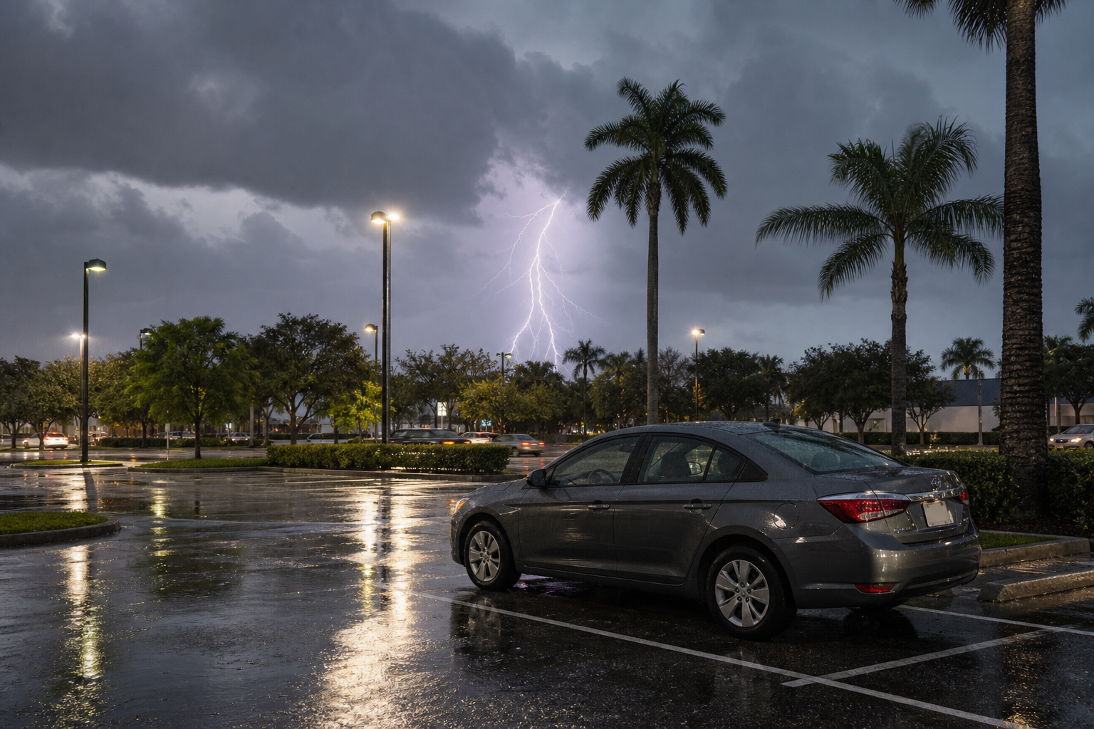 Vehicle pulled safely into a parking area during a thunderstorm in West Palm Beach, Florida