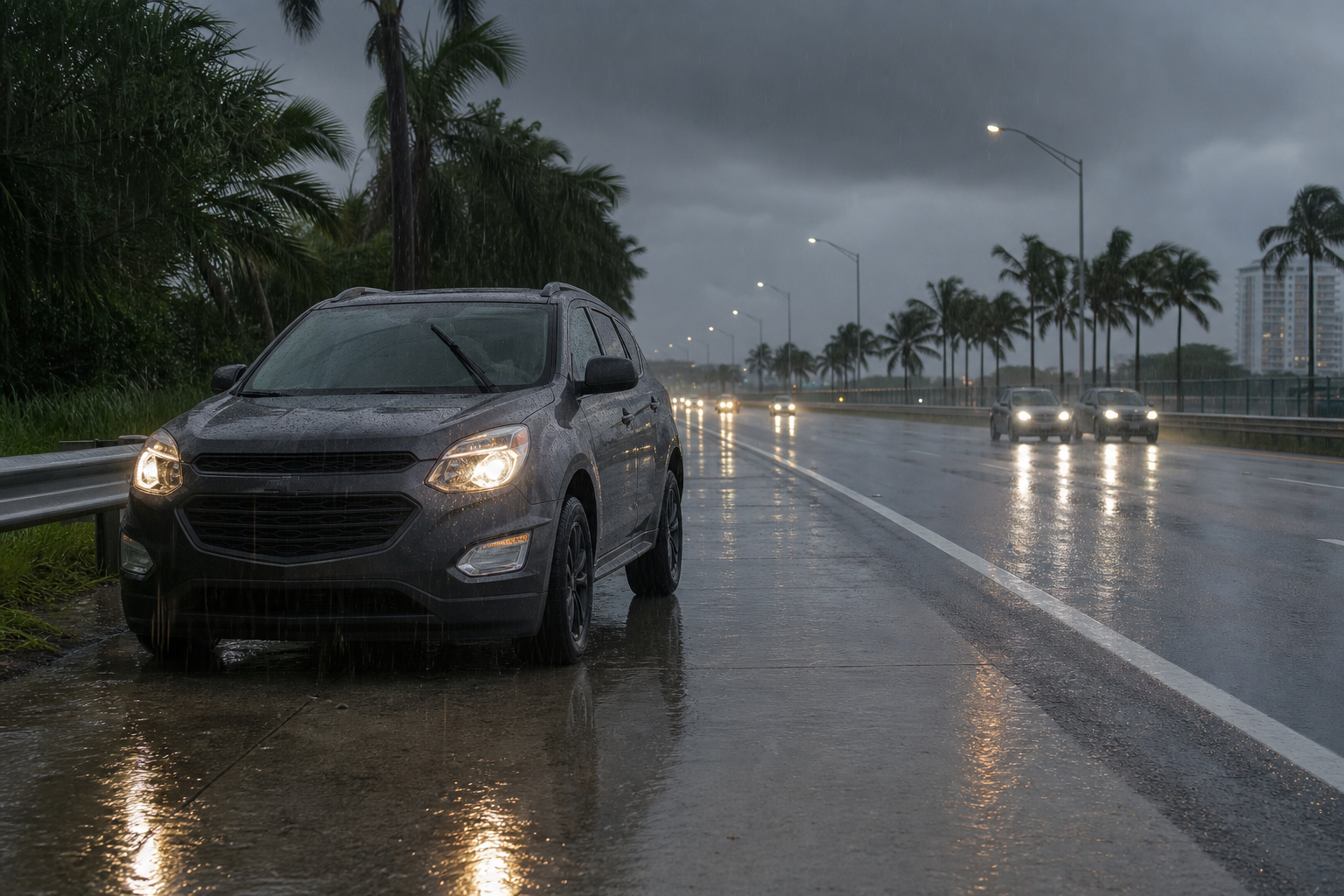 Vehicle safely stopped on the shoulder during heavy rain in West Palm Beach, Florida
