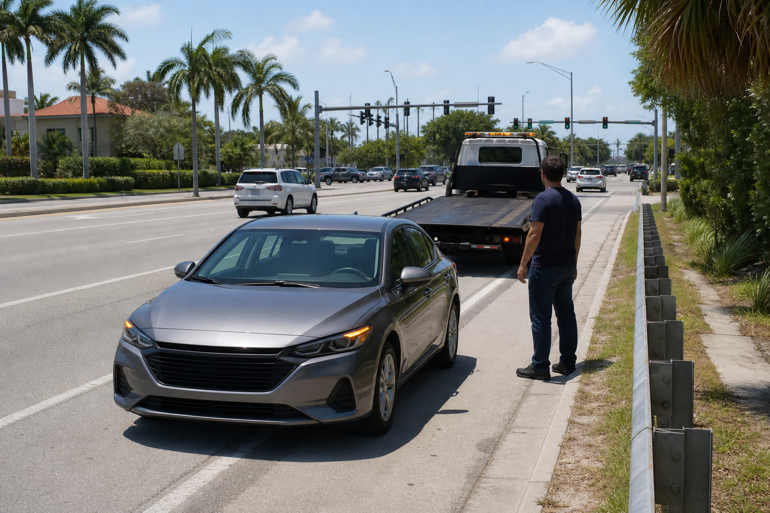 Disabled sedan positioned safely off the travel lane near a busy West Palm Beach intersection while a flatbed tow truck approaches