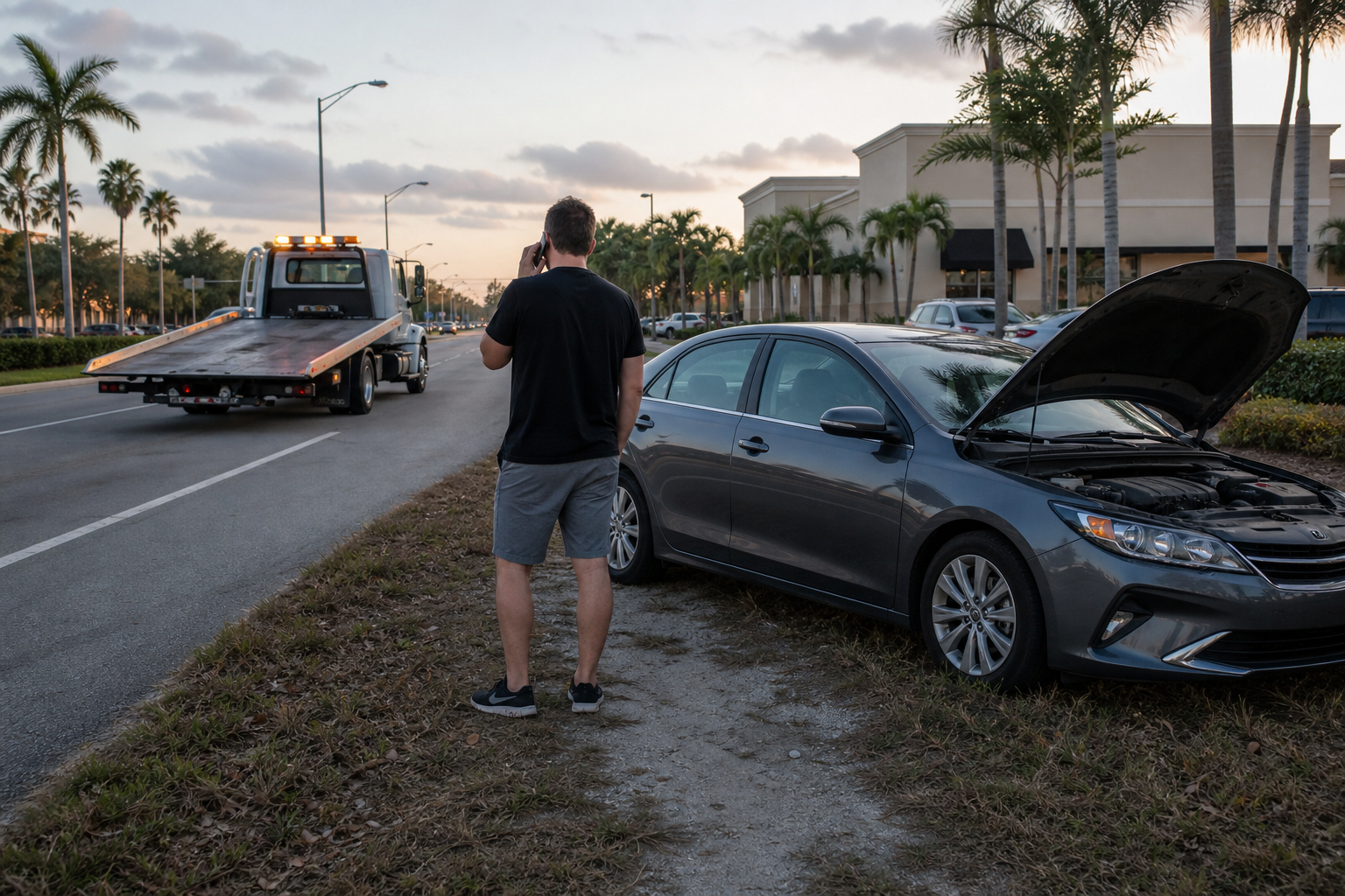 Driver standing safely beside a disabled sedan in West Palm Beach while preparing for a flatbed tow truck arrival
