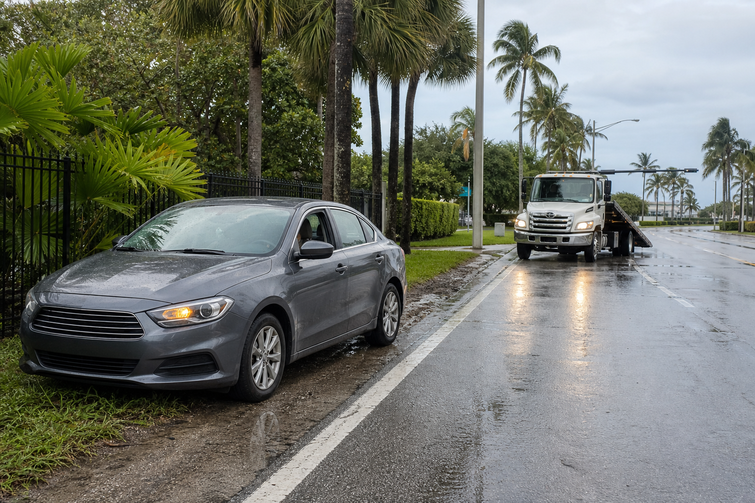 Driver safely waiting inside a disabled car on a wet West Palm Beach roadside as a flatbed tow truck approaches