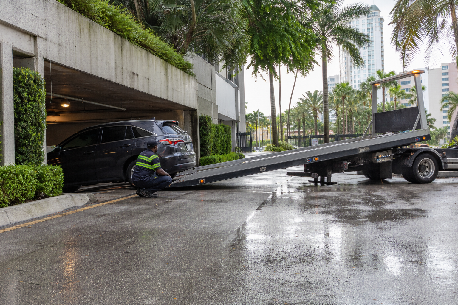 Tow operator assessing a disabled crossover near a covered parking exit during rain in West Palm Beach