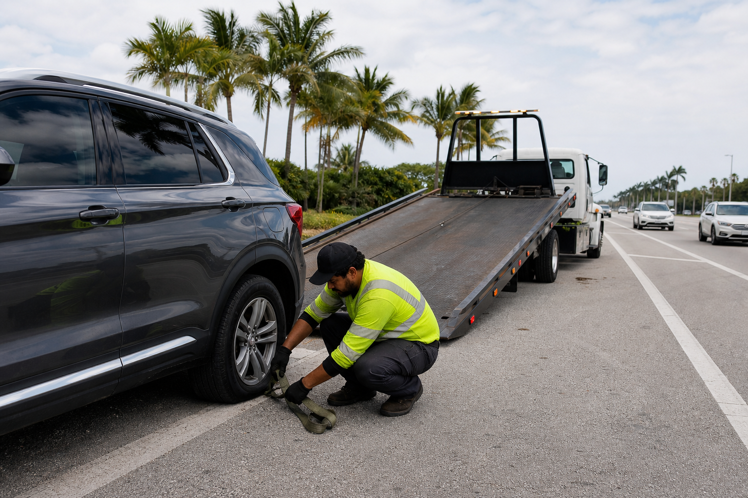 Tow-truck operator preparing a disabled SUV for flatbed transport on a visible roadside in West Palm Beach, Florida