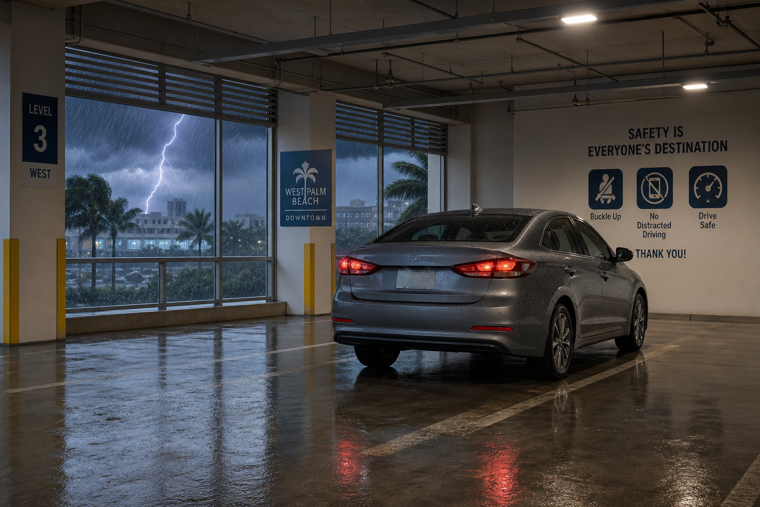 Car safely parked in a covered area during a thunderstorm in West Palm Beach, Florida