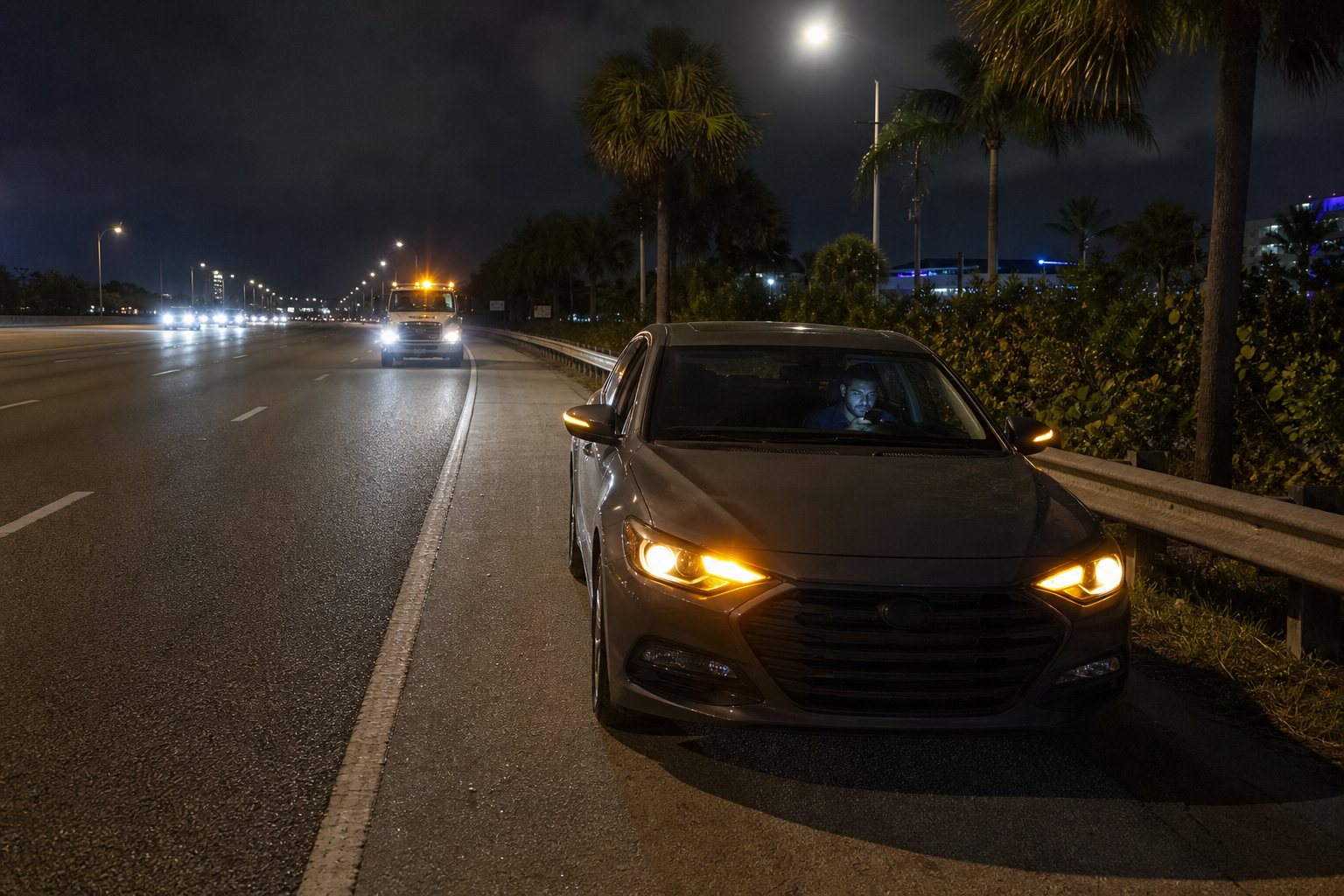 Driver safely sharing a phone location from inside a disabled car on a West Palm Beach highway shoulder at night