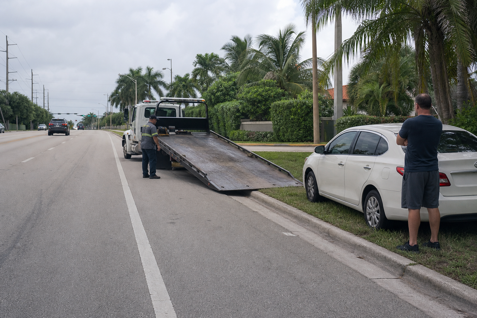 Flatbed tow truck positioned near a disabled passenger vehicle in West Palm Beach after a suspected transmission problem
