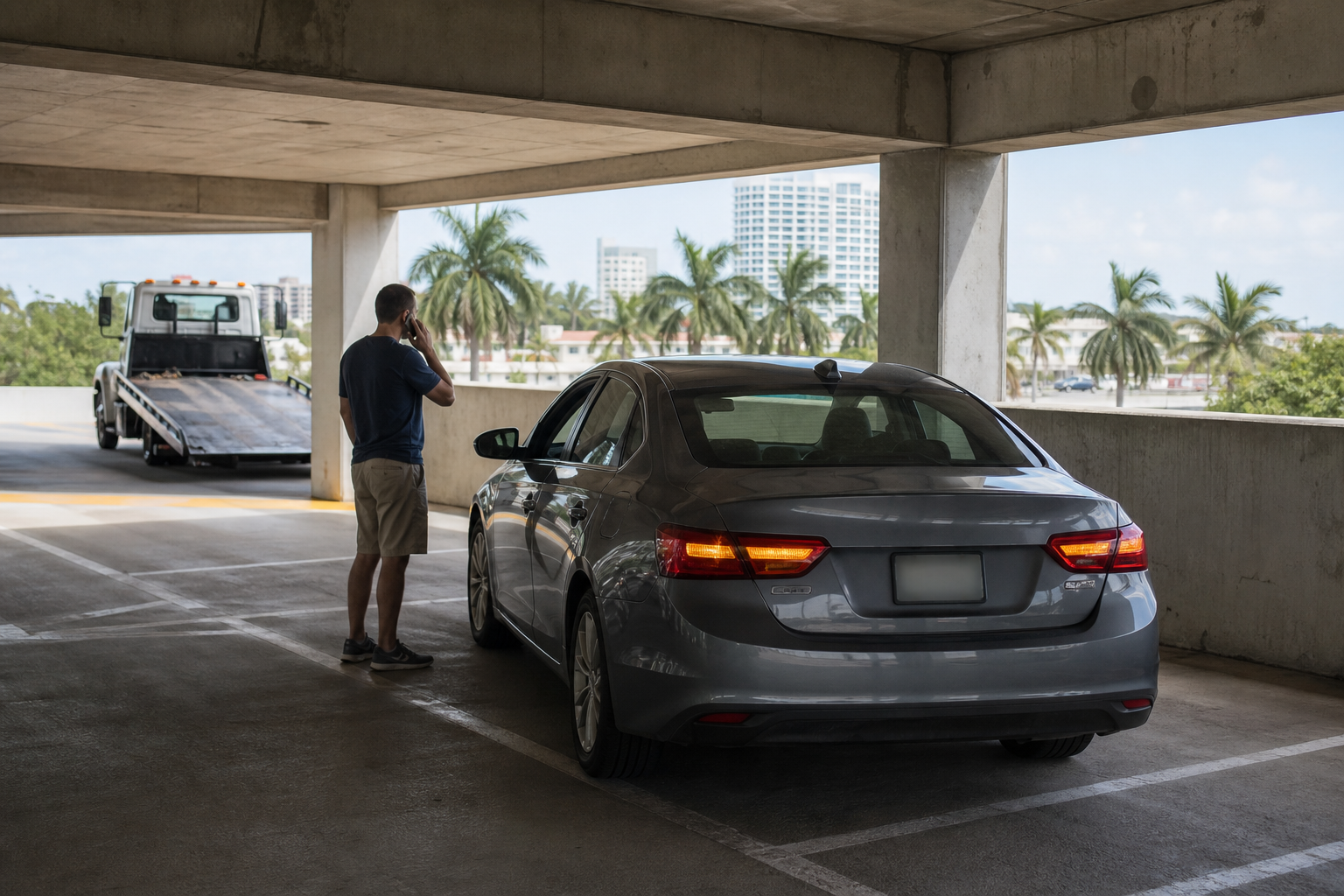 Car stopped safely in a West Palm Beach parking garage after the driver noticed severe shaking and loss of power